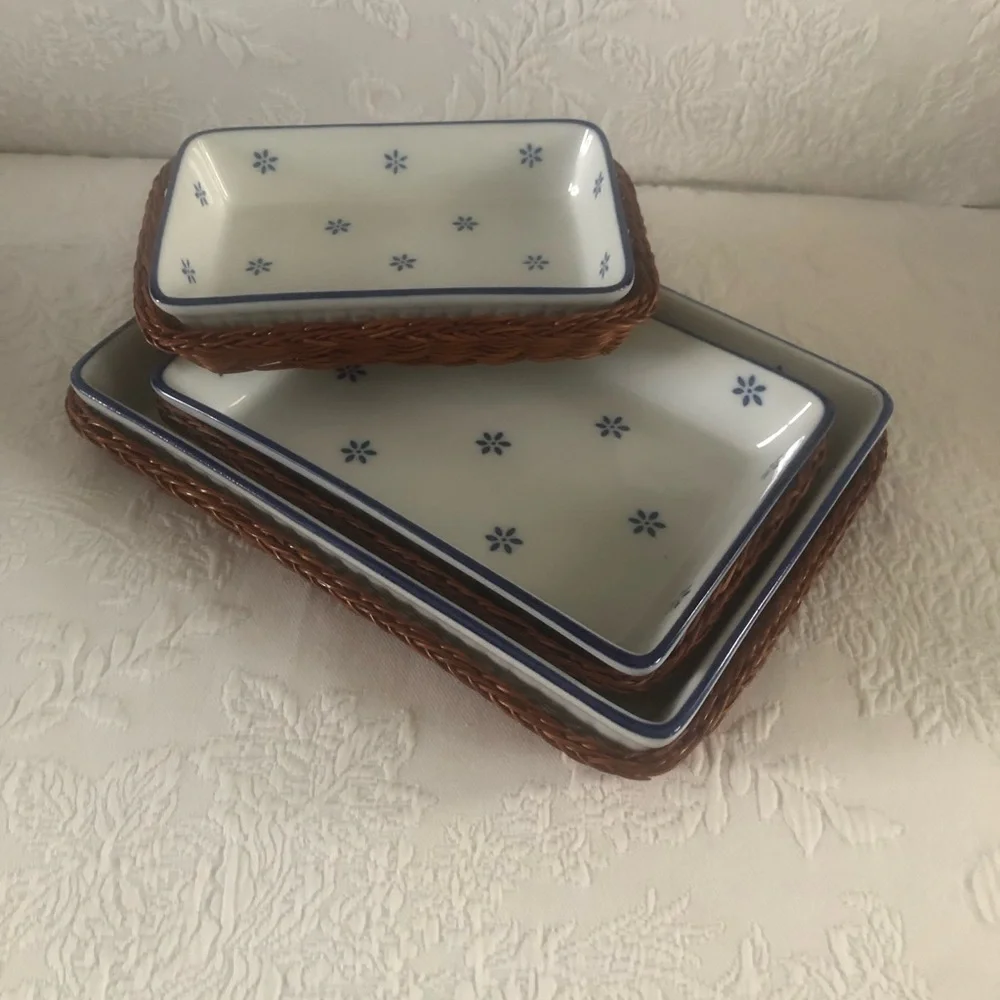 3 Nested White Ceramic Baking Dishes with Blue Trim and Star Motif